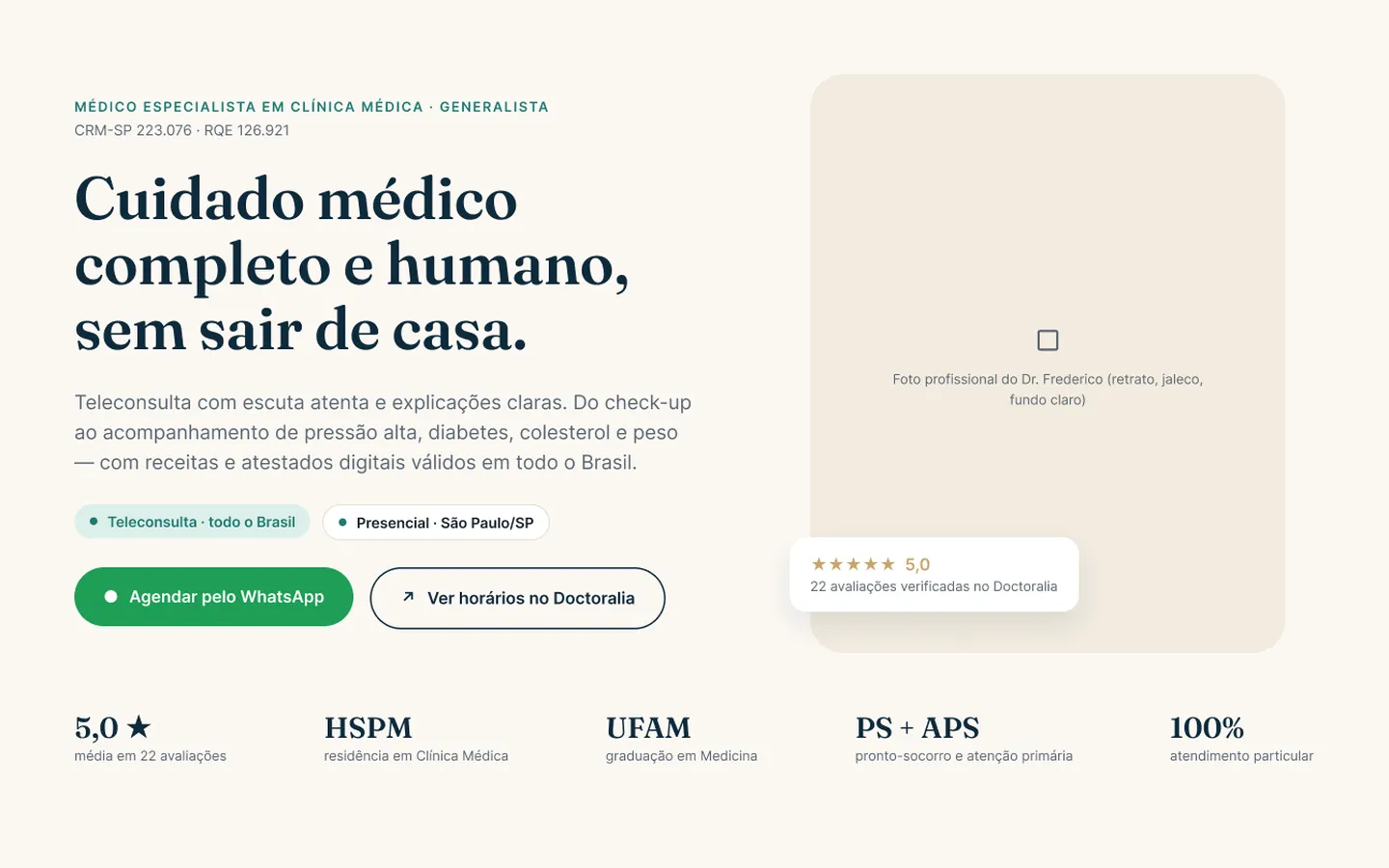 Abertura do site do Dr. Frederico Silva com o convite para a teleconsulta e os botões de agendamento