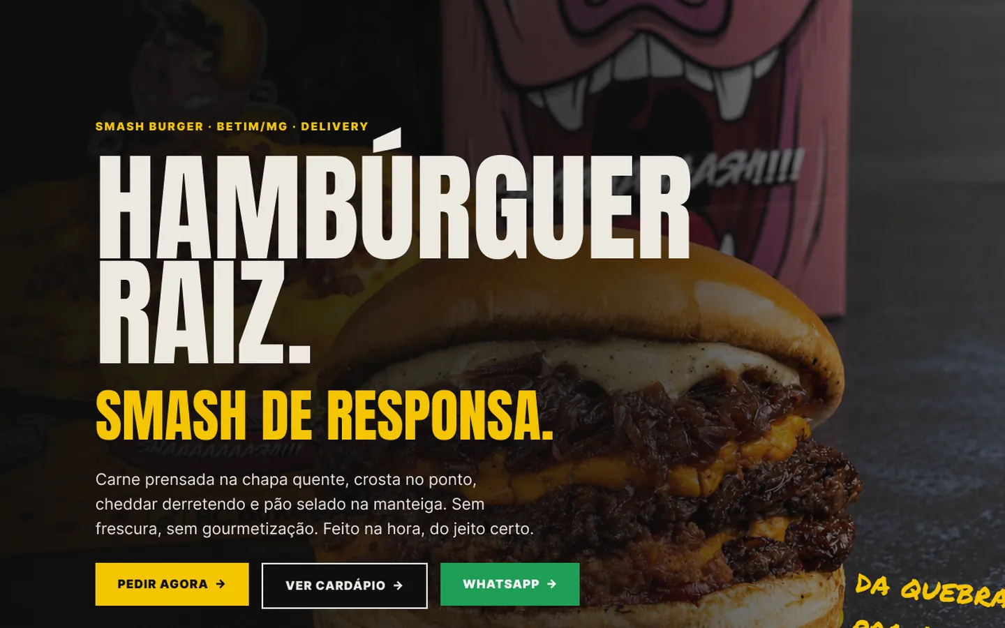 Abertura do site da HC Burger: hambúrguer em destaque e os botões para pedir