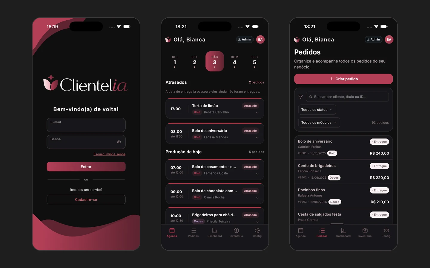 Três telas do app no modo escuro: login, agenda com pedidos atrasados e produção do dia, e lista de pedidos