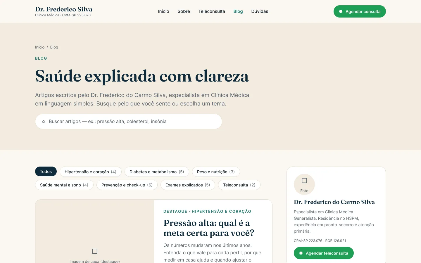 Página do blog com busca, categorias e artigos em destaque